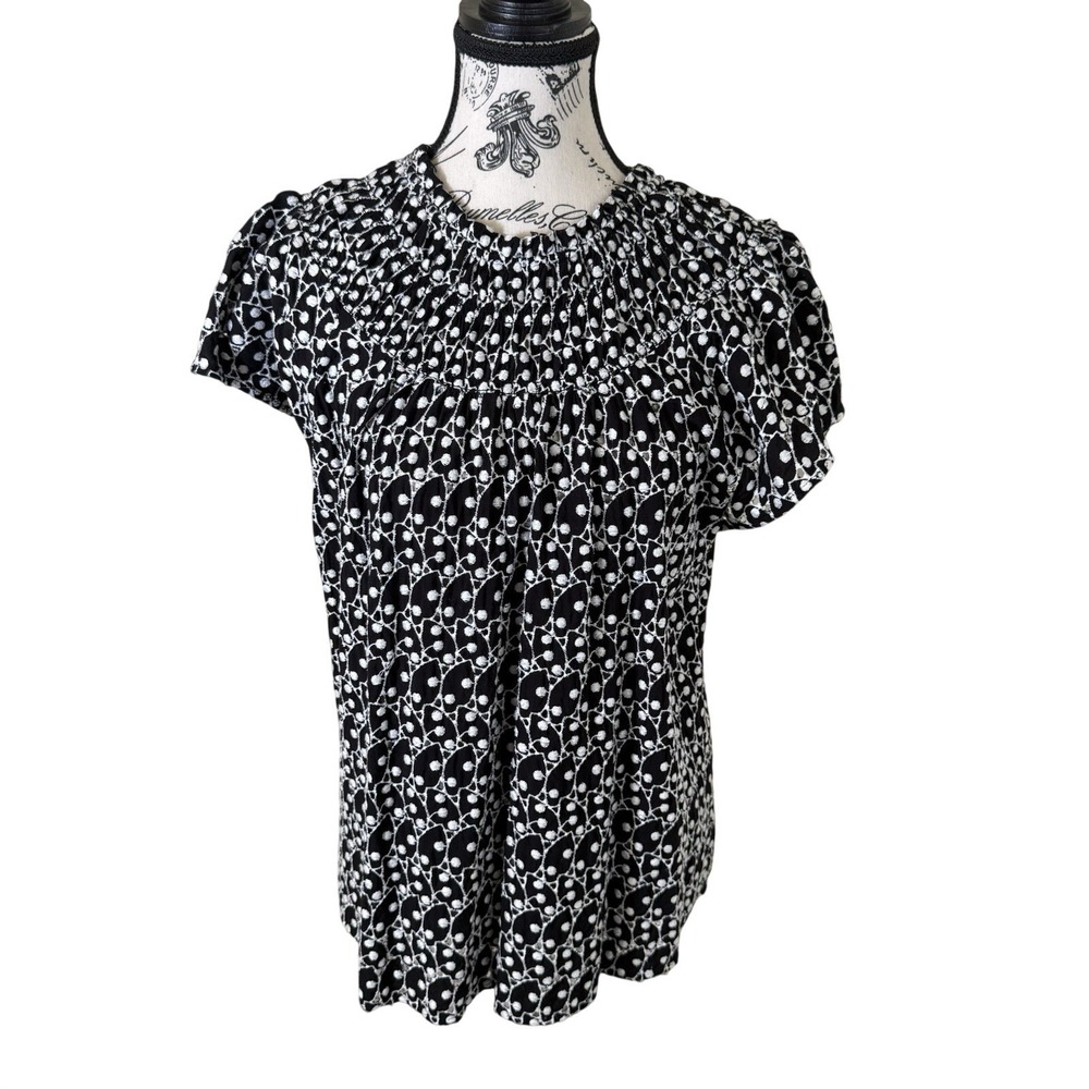 Women's Petite Blouse Black White Size L Polka Dot Boat Neck Short Sleeve Casual